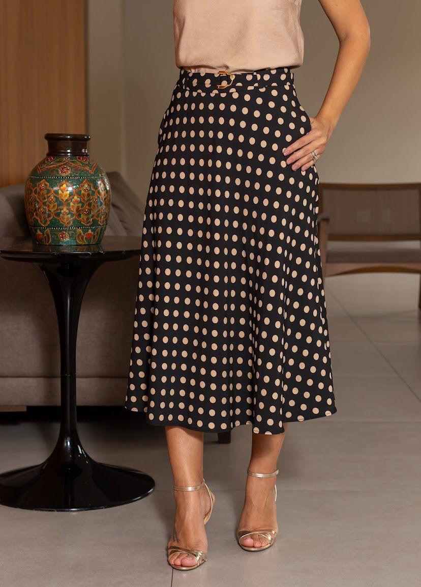 Saia Loren Midi Viscocrepe Estampa Poá